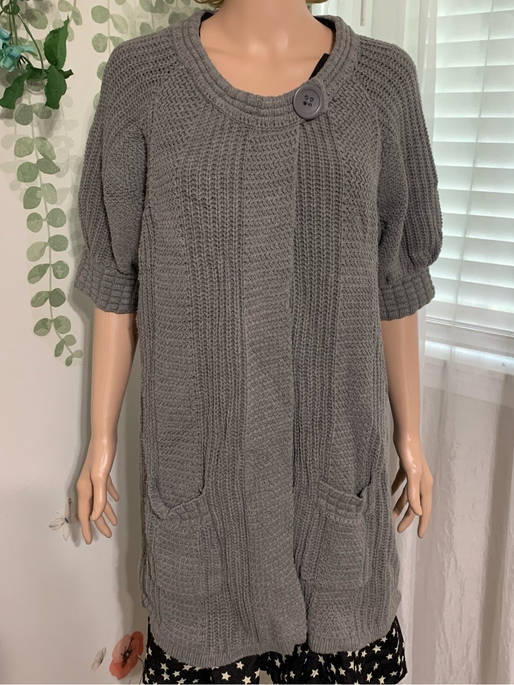 Sz L Apt 9 Gray Knit Short-Sleeve Sweater Tunic w/ Pockets - Casual Cozy Style